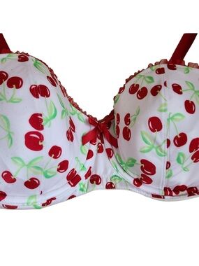 CACIQUE Cherry Print Ruffle Bow Retro Pinup Balconette Bra Coquette SZ 42D